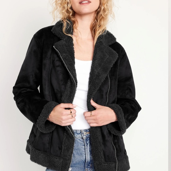 NWT OLD NAVY Faux-Suede Sherpa-Lined Moto Jacket Color Black SIZE SMALL - Picture 2 of 6